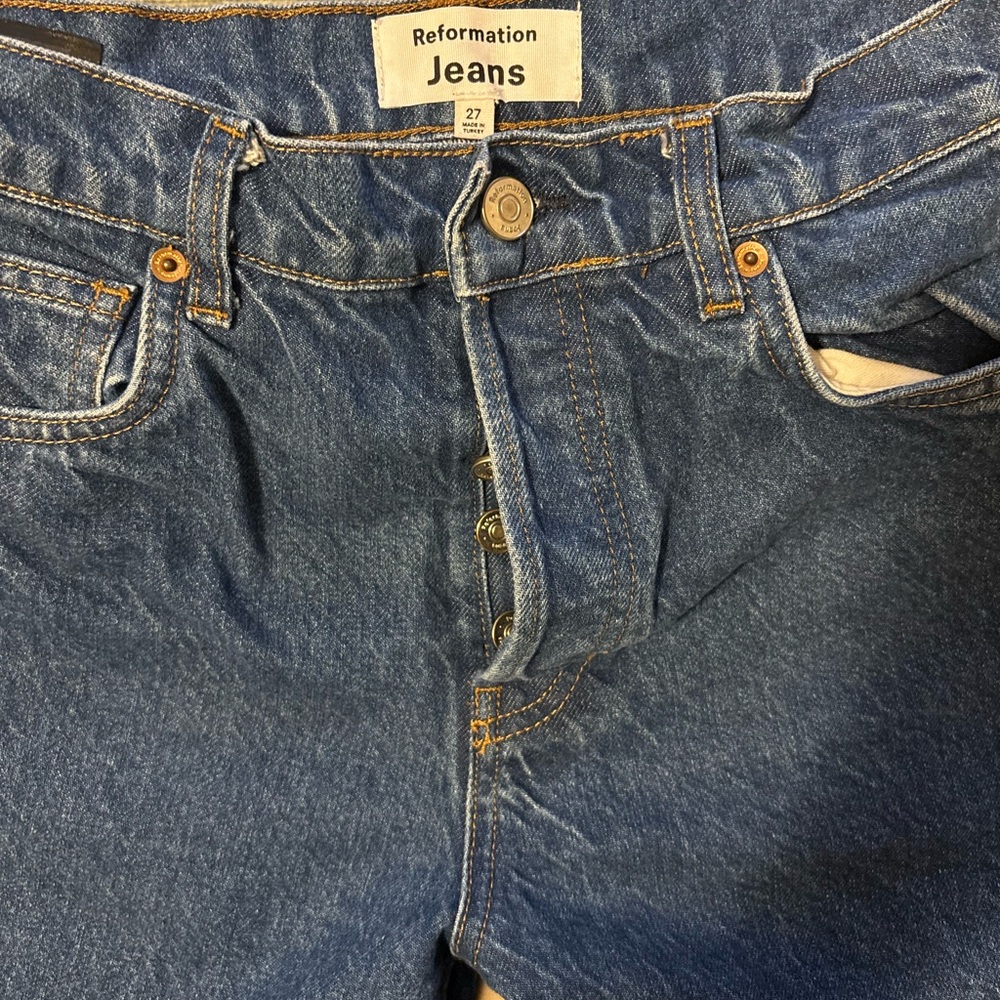 Reformation Indigo Cynthia High-Rise Straight Long Jeans
